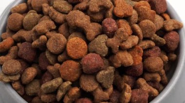 Beyaz arka planda dönüşümlü köpek maması. Köpekler için ikramlar.