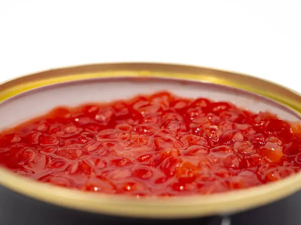 Boite Ouverte Avec Caviar Rouge Sur Fond Blanc Gros Plan — Photo