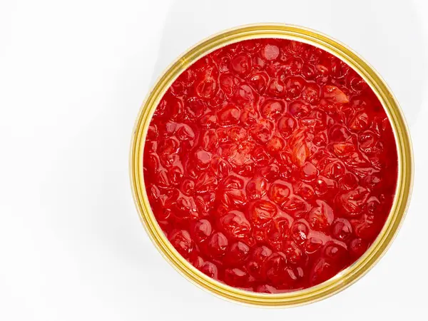 Boite Ouverte Avec Caviar Rouge Sur Fond Blanc Gros Plan — Photo
