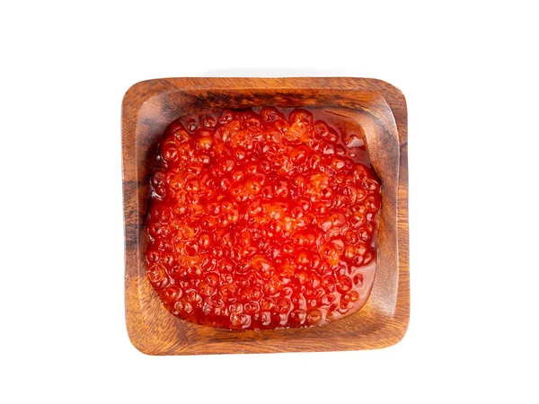 Copo Madeira Com Caviar Vermelho Sobre Fundo Branco Caviar Vermelho — Fotografia de Stock