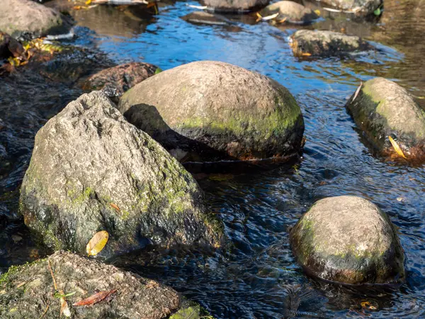 Water flows among the stones. Flow of water and stones. Stones in flowing water.
