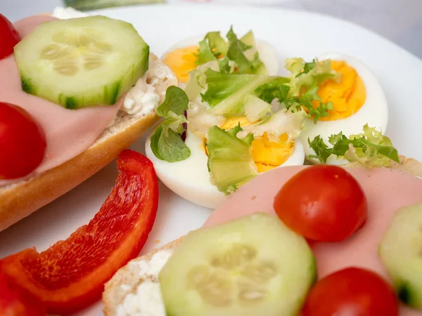 Traditional open sandwiches with salad. Sandwiches close-up.