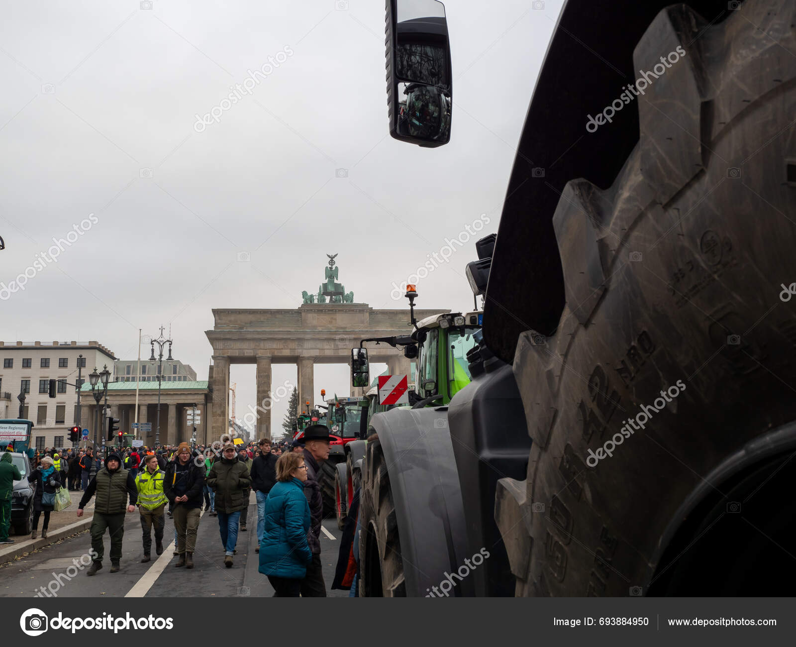 Berlin Germany December 2023 Farm Tractors Brandenburg Gate Background ...