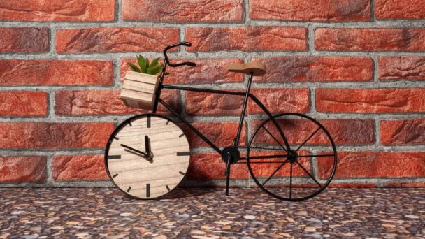 Timelapse Reloj Forma Bicicleta Sobre Fondo Una Pared Ladrillo Primer — Vídeo de stock