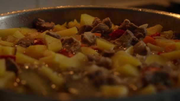 Ziemniaki Mięsem Przyprawami Gotowane Patelni Gotowanie Ziemniaków Mięsem — Wideo stockowe