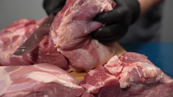 黒い手袋の男は 切断板に豚肉を切断する 専門家によってスライスされる肉のクローズアップ — ストック動画