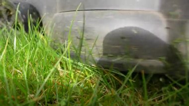 Bir adam elektrikli çim biçme makinesiyle çimlerini biçiyor. Elektrikli çim biçme makinesi. Yakın plan..