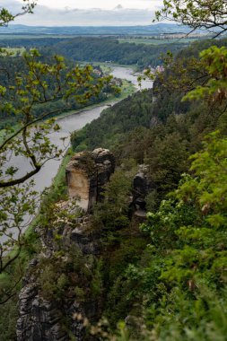 Arka planda dağ olan güzel bir nehir manzarası. Ağaçlar yemyeşil, su da sakin. Sahne huzurlu ve huzurlu. Rahatlamak ve doğanın tadını çıkarmak için harika bir yer.