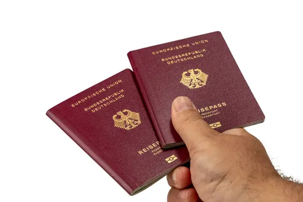 Beyaz arka planda bir Alman vatandaşının iki kırmızı pasaportunu tutan bir el. Avrupa pasaportu yakın plan.