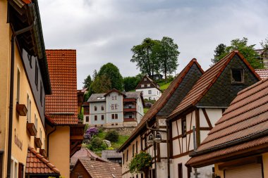Kahverengi çatısı ve beyaz süslemesi olan bir dizi ev. Evler bir tepede ve etraflarında bir sürü ağaç var.
