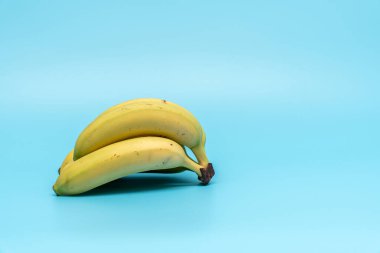 Mavi arka planda olgun muzlar. Muzlar yakın plan. Metin için boşluk.