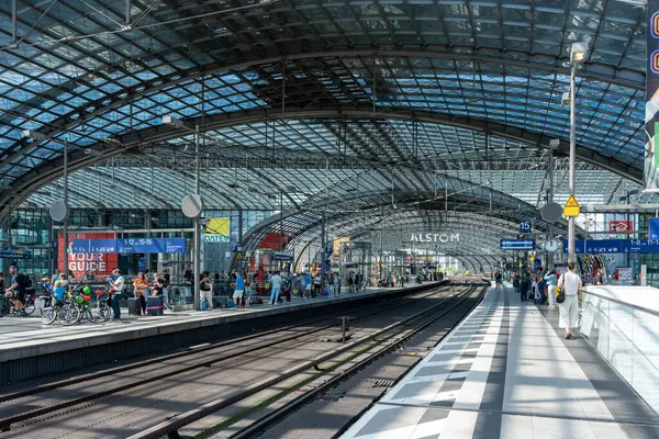 stock image Germany Berlin August 7, 2024. The platforms of Berlin's main railway station are full of passengers. The glass main railway station.