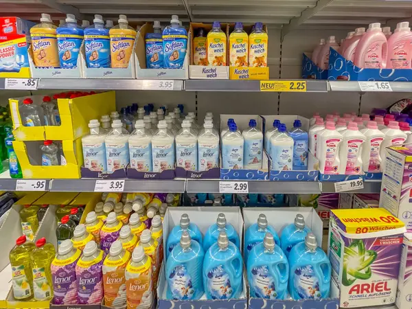 stock image Germany Berlin August 23, 2024. A store shelf with many bottles of washing powder. Bottles of different colors and sizes.