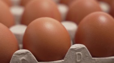 Kutuda bir düzine yumurta var. Yumurtaların hepsi aynı boyut ve renkte. Bir kutuda dönen yumurtaların yakın çekimi.