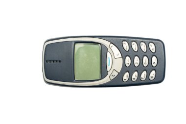 Düğmeye basılı cep telefonu beyaz arkaplanda izole edildi. Düğmeli cep telefonu.