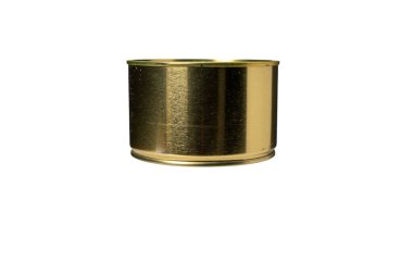 Parlak yüzeyi olan altın bir teneke kutu. Teneke kutu beyaz bir arka planda duruyor. Kutu yuvarlaktır ve altın rengi vardır.