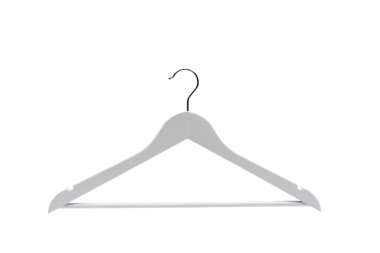 Üzerinde kanca olan beyaz bir askı. Askı boş ve üzerinde hiç giysi yok.