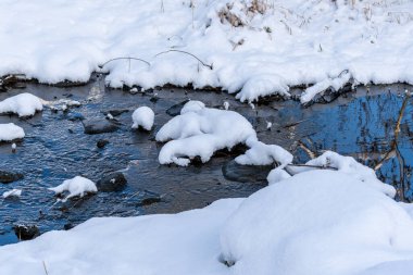 Karda bir su akışı yansıtılır. Su berrak ve sakin. Kar beyazdır ve zemini kaplar..