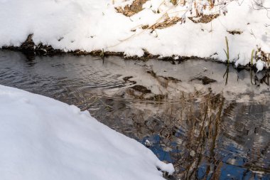 Karda bir su akışı yansıtılır. Su berrak ve sakin. Kar beyazdır ve zemini kaplar..