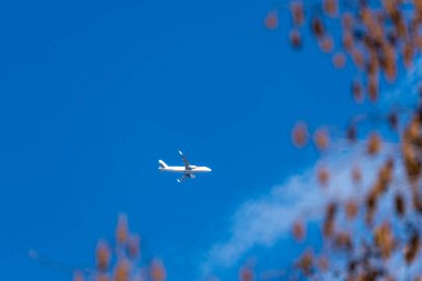 Gökyüzünde beyaz bir uçak uçuyor. Gökyüzü mavi ve berrak. Uçak alçaktan uçuyor.