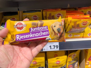 Almanya 29 Mart 2025. Sarı köpek maması tutan bir el. Ödül Pedigree 'den. Ödülün adı Jumbone Riesenknochen.