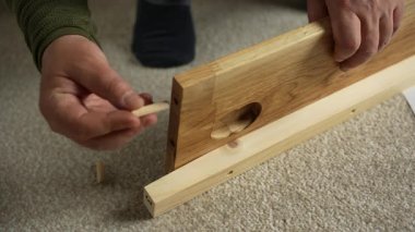 Bir insan mobilya montajı yaparken tahtaya tahta iğneler yerleştiriyor. Bir kişi mobilya montajı yapar.