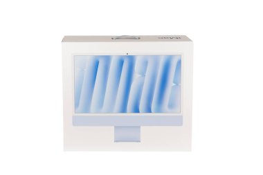 Almanya 7 Nisan 2025. Apple bilgisayar kutusu beyaz arka planda izole edildi. Bilgisayardan karton kutu.