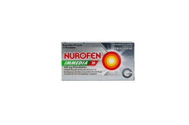 Almanya 23 Mayıs 2025. Filmli tabletler Nurofen Immedia beyaz arka planda 400 mg. Bu ibuprofen DL-lysine tabletleri özellikle hızlı ağrı kesici sağlıyor. Gümüş-gri ambalaj etkinliği ve verimliliği vurguluyor..