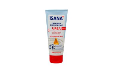 Almanya 23 Mayıs 2025. Urea 'lı ISANA El Kremi. Yorgun cilt için% 5 ürea, pantenol ve Shea yağı ile besleyici el kremi. Cilt koruma ve çevreci arkadaşlığa önem veren ambalaj.