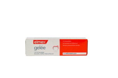 Almanya 23 Mayıs 2025. Elmex Gelee paketleme. Haftalık diş bakımı için Elmex Gelee. Diş sembollü turuncu ve beyaz kutu florür önleme ve etkinliğini sembolize ediyor.