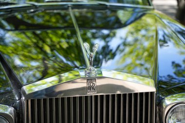Amblemli, belirsiz Rolls-Royce manzarası. Ecstasy kaput ruhu Rolls-Royce 'un kaputunu süslüyor ve çevresindeki yeşilliği yansıtıyor. Çizgiler ve parlak bitiş sonsuz zarafeti temsil ediyor..