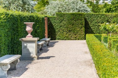 Bahçe tezgahları ve vazo. Bir sıra taş banklar, manikürlü çitlerin yanında bir çakıl yolu çiziyor, kaidesinde dekoratif pembe bir vazo var..