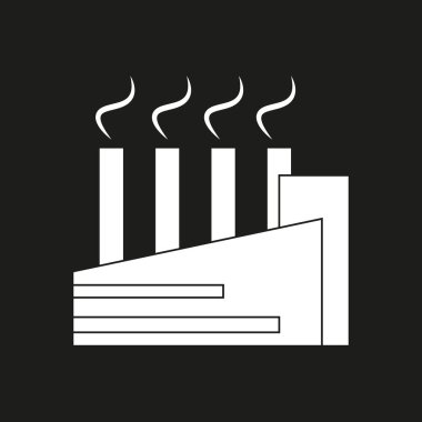 Fabrika Simgesi Vektörü. Sanayi binası silueti. Duman yığınları emisyon grafiği. EPS 10.