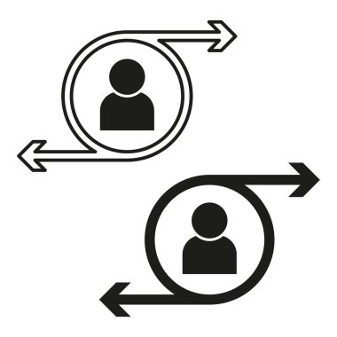 Kullanıcı değişim süreci simgeleri. Yönlü okları olan avatarların profilini çıkar. Etkileşim ve geri bildirim kavramı. Vektör çizimi. EPS 10. Resim yükle.