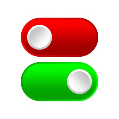 Düğme simgelerini aç / kapat. Kırmızı ve yeşil düğmeler. Vektör çizimi. Semboller açılıp kapanıyor. EPS 10.