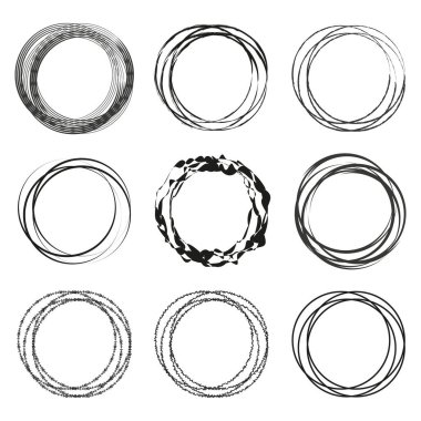 Soyut çember çerçeveleri. Elle çizilmiş stil. Vektör çizimi. Siyah ve beyaz. EPS 10.