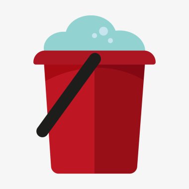 Kırmızı kova ikonu. Sabun köpüğü vektörü. Temizlik aleti sembolü. Ev eşyası. EPS 10.