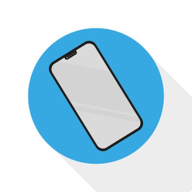Akıllı telefon ikonu. Düz vektör tasarımı. Mavi dairesel arka plan. Modern cihaz çizimi. EPS 10.