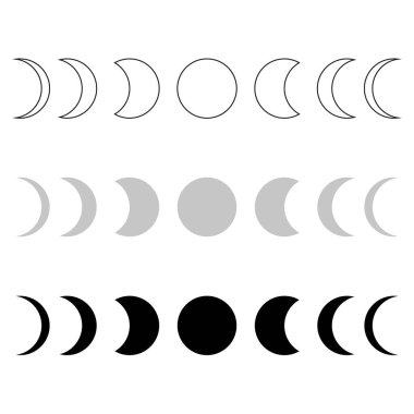 Ay aşamaları vektörü. Ay döngüsü simgeleri. Siyah beyaz gri tasarım. Astronomik semboller dizildi. EPS 10.