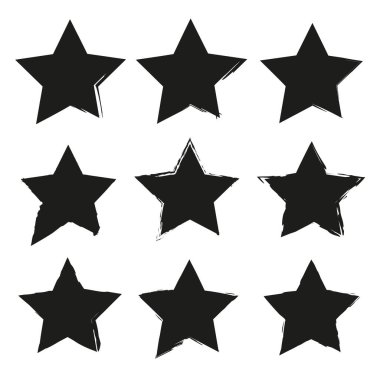 Grunge siyah yıldızları. Dokuz dolgulu şekil. Elle çizilmiş vektör. Soyut geometrik simgeler. EPS 10.