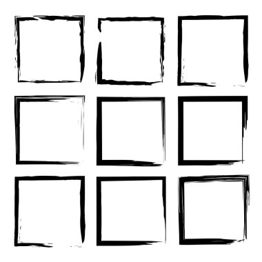 Grunge kare çerçeveler. Dokuz siyah taslak. Elle çizilmiş vektör. Soyut geometrik şekiller. EPS 10.