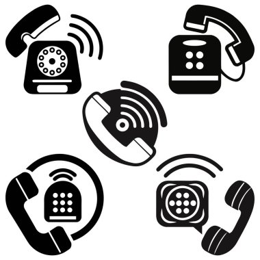 Retro telefon simgeleri. Beş siyah ve beyaz. Vintage vektör tasarımları. Klasik iletişim sembolleri var. EPS 10.