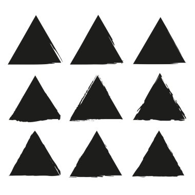 Grunge üçgeni simgeleri. El çizimi vektör. Soyut siyah şekiller. Zorlu sınır tasarımı. EPS 10.