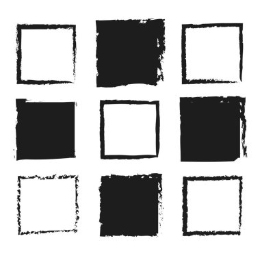 Grunge kare simge vektörü. Kara, pürüzlü köşeler. Soyut fırça darbesi tasarımı. Sanatsal elementler ayarlandı. EPS 10.