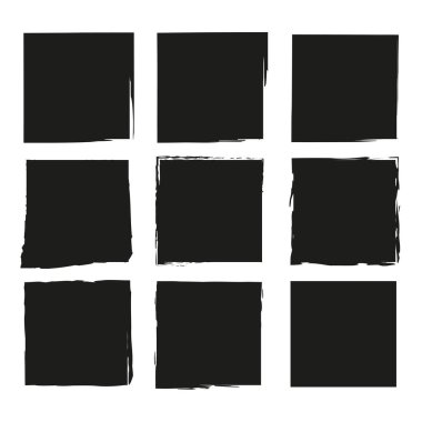 Grunge kare simge vektörü. Kara, pürüzlü köşeler. Soyut fırça darbesi şekilleri. Sanatsal tasarım elementleri. EPS 10.