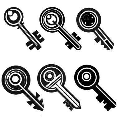 Soyut anahtar tasarımları. Altı siyah ve beyaz. Geometrik vektör şekilleri. Modern grafik elementler. EPS 10.