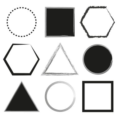 Geometrik şekil simgeleri. Çember, kare, üçgen, altıgen. Siyah ve beyaz. Vektör elementleri. EPS 10.