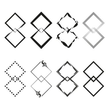 Birbirine bağlı elmas şekilleri. Dekoratif çerçeve seti. Siyah ve beyaz vektör. Geometrik tasarım elementleri. EPS 10.