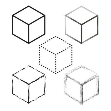 Küp ana hatları simgeleri. Geometrik 3 boyutlu şekiller. Çeşitli çizgiler. Minimalist vektör seti. EPS 10.