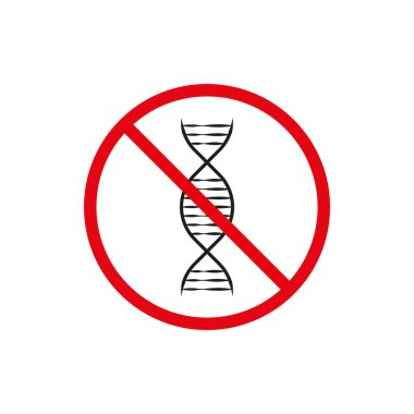 DNA sembolü yok. Kırmızı yasaklama ikonu. Genetik modifikasyon yasağı. Basit vektör tasarımı. EPS 10.